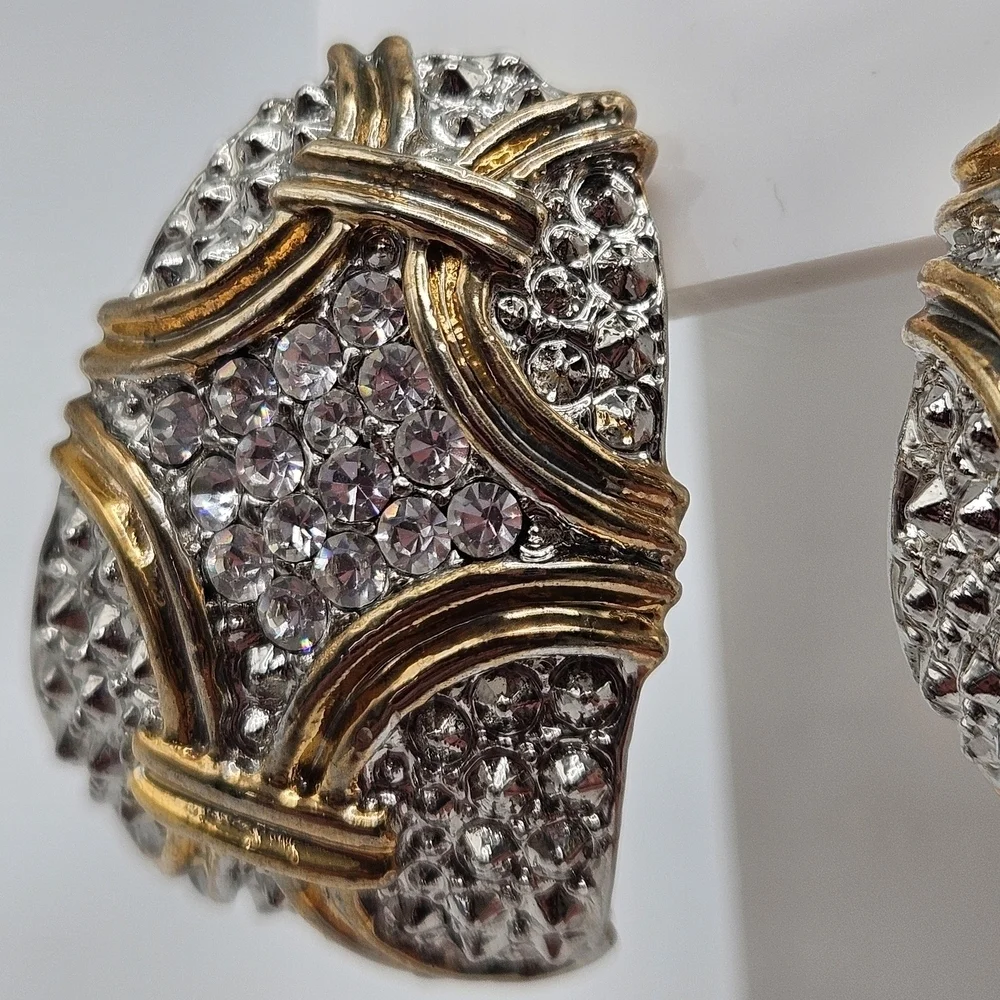 VINTAGE Art Deco Elegant Silver and Gold Tone Rhinestone Detail Curved Earrings